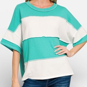 Women's Striped French Terry Exposed Seam Color Block Top in Teal & White